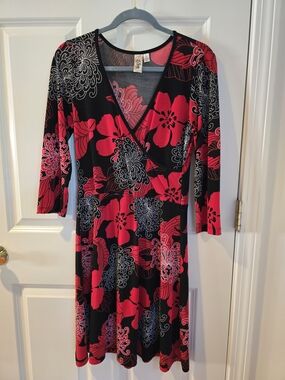 L8teR Black Dress with Bold Red Floral Print